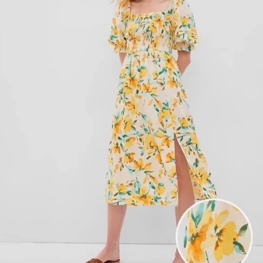 Gap Linen-Blend Puff Sleeve Midi Dress in Yellow Floral